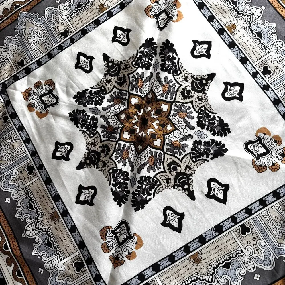 Vintage ECHO silk scarf black tan gray white paisley geometric 30